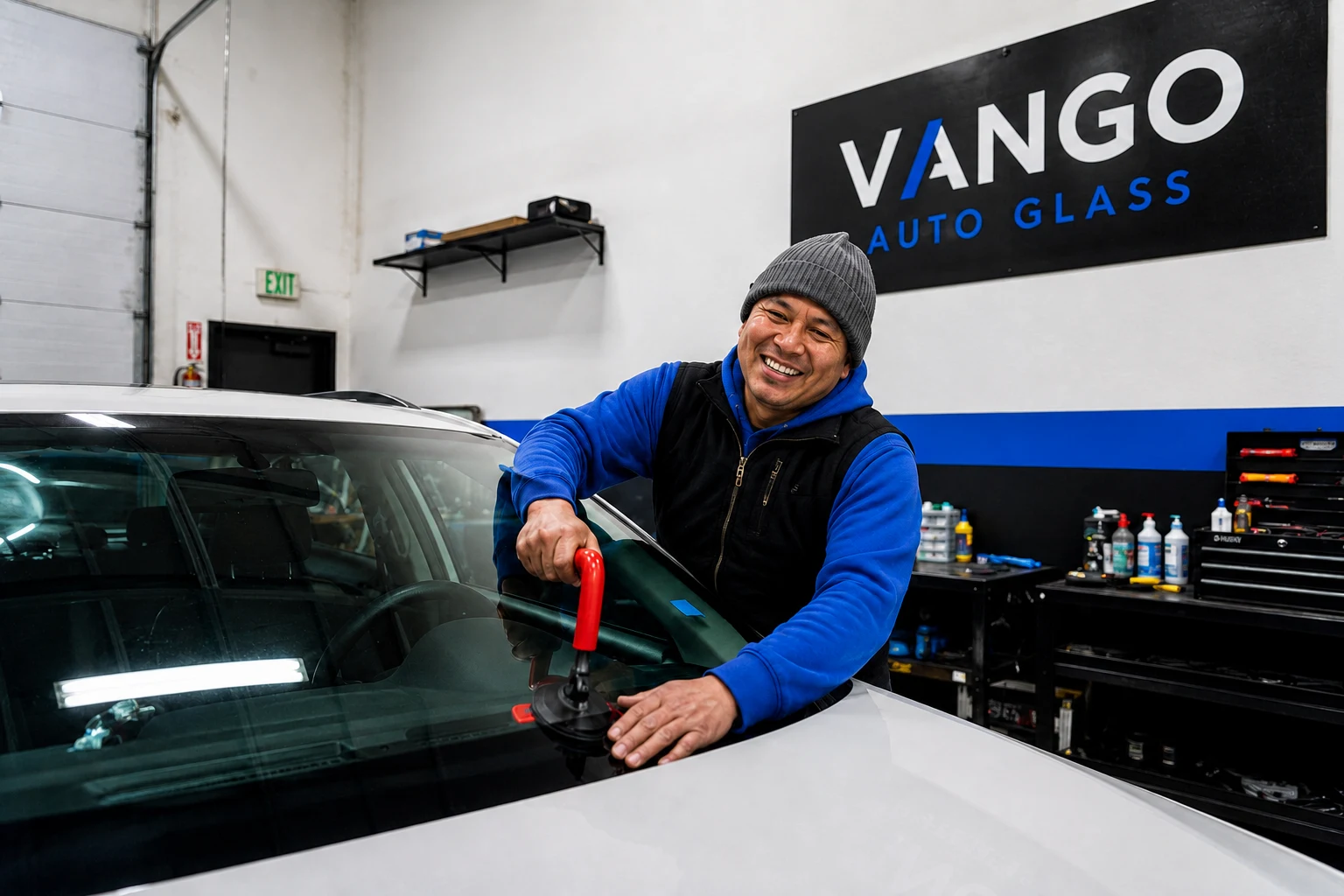 VanGo Auto Glass technician replacing a windshield