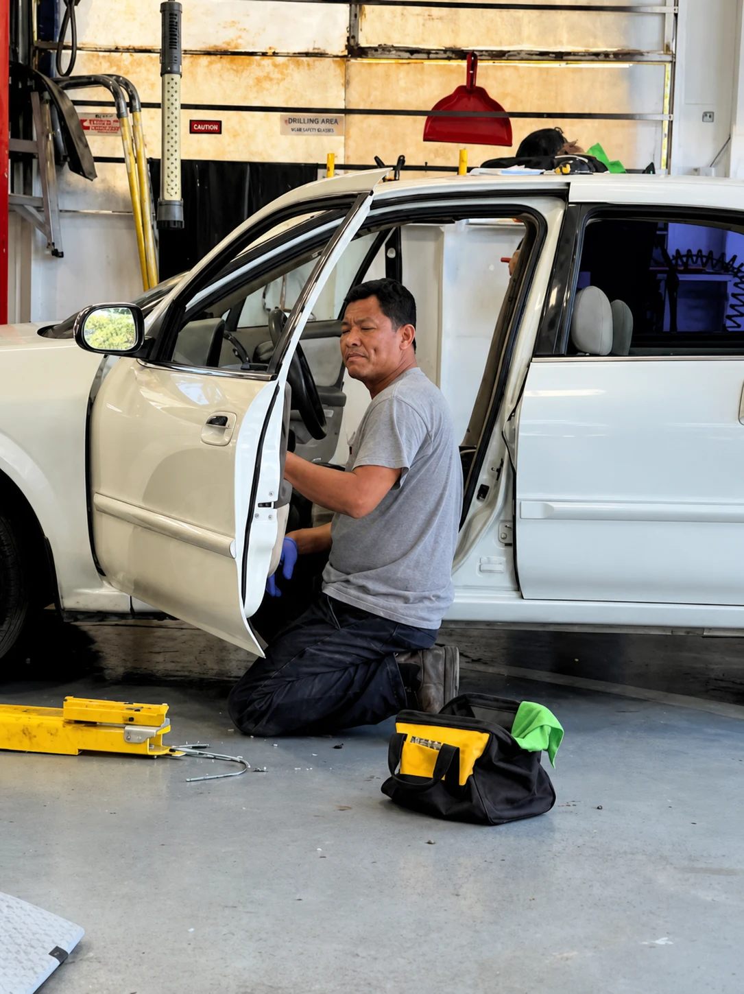 VanGo technician servicing a vehicle door and windshield